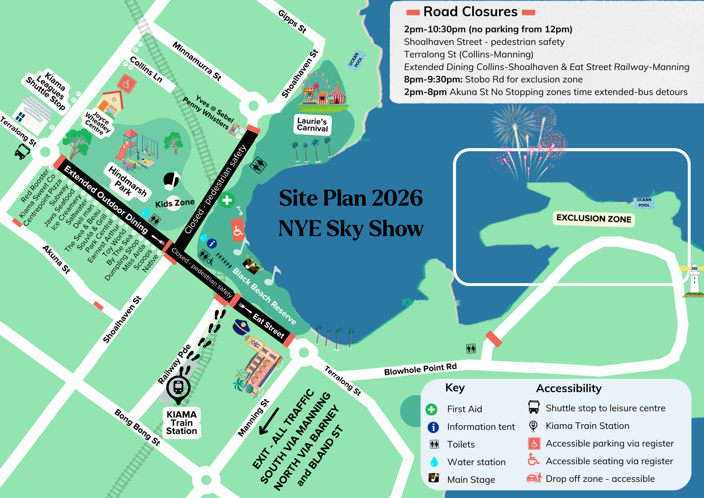 Kiama NYE 2026 event map showing event locations, entry points, amenities and transport information